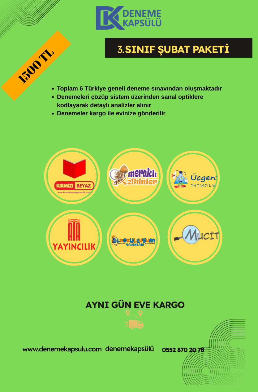 3 Sınıf Şubat Ayı Kurumsal Türkiye Geneli Deneme Paketi 6lı