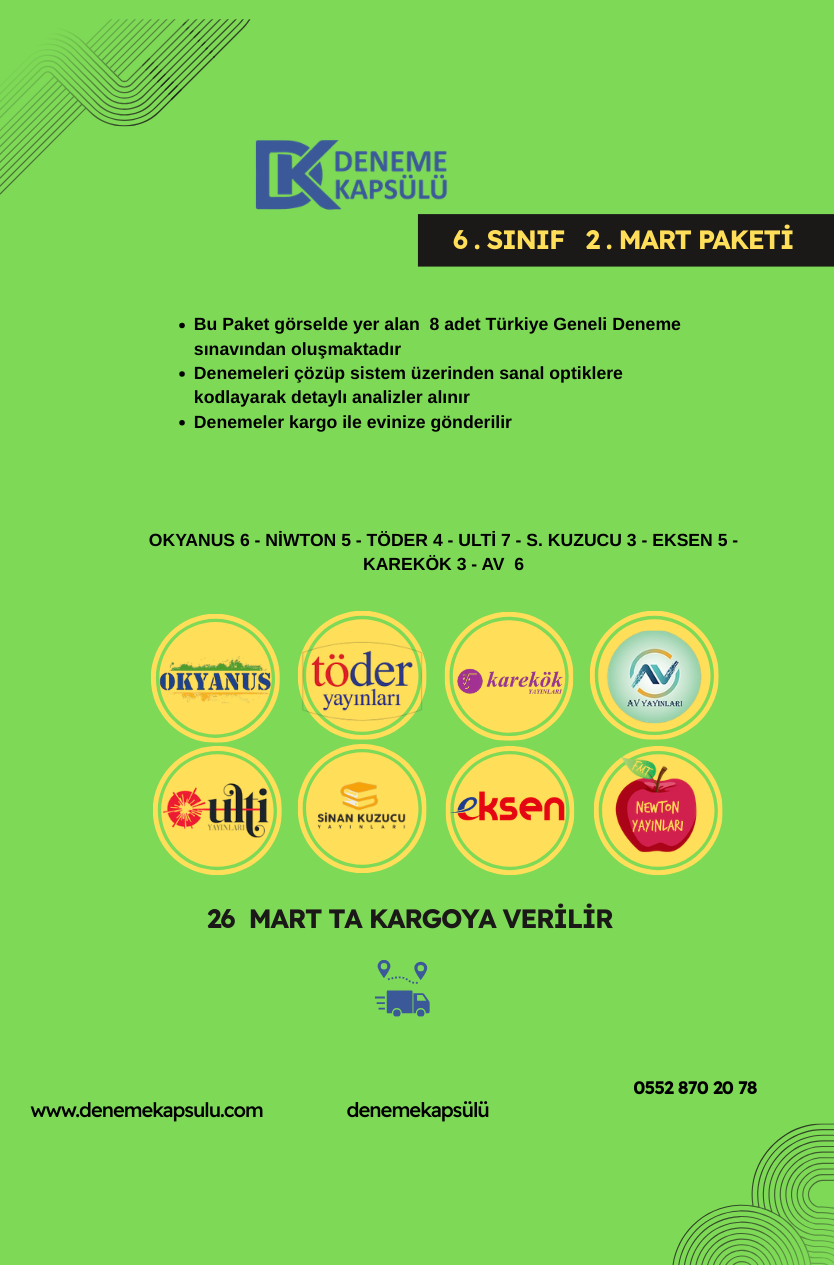 6 Sınıf Mart Ayı Türkiye Geneli Deneme Paketi 8 Lı