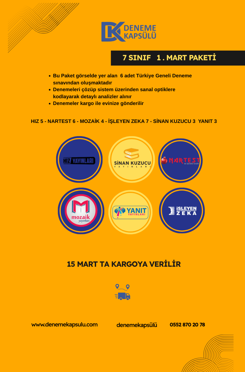 7 Sınıf Mart Ayı Türkiye Geneli Deneme Paketi 6 Lı