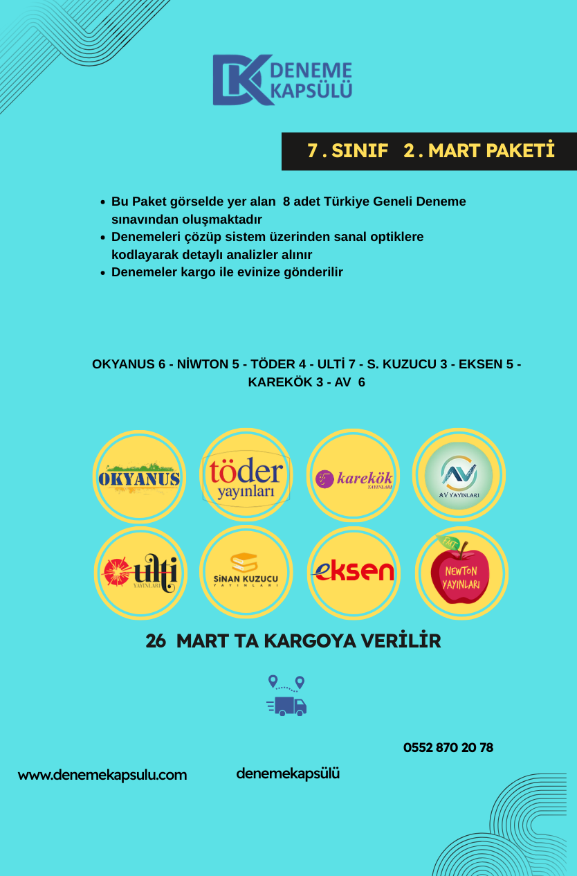 7 Sınıf Mart Ayı Türkiye Geneli Deneme Paketi 8 Lı