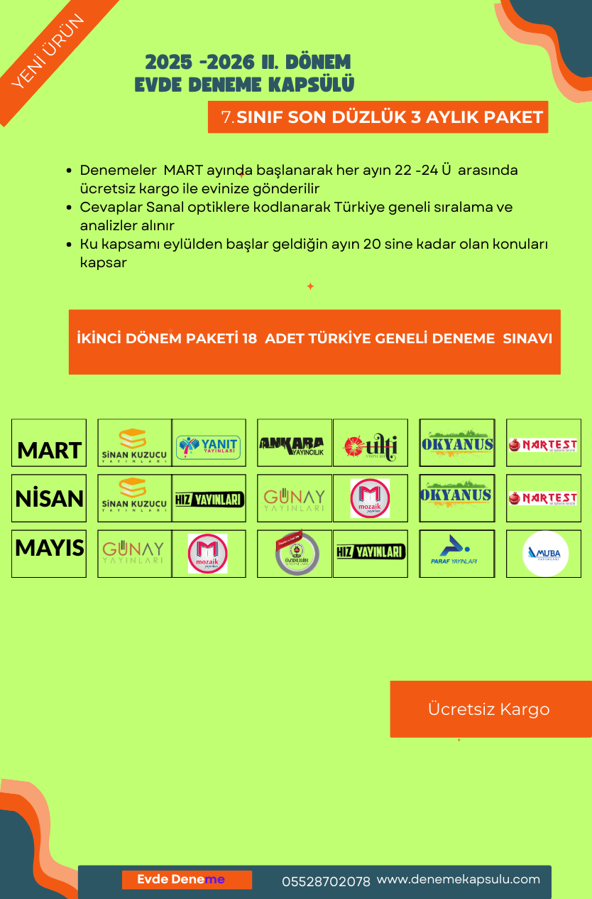 7. Sınıf Son Üç Aylık Deneme Paketi 18 Li