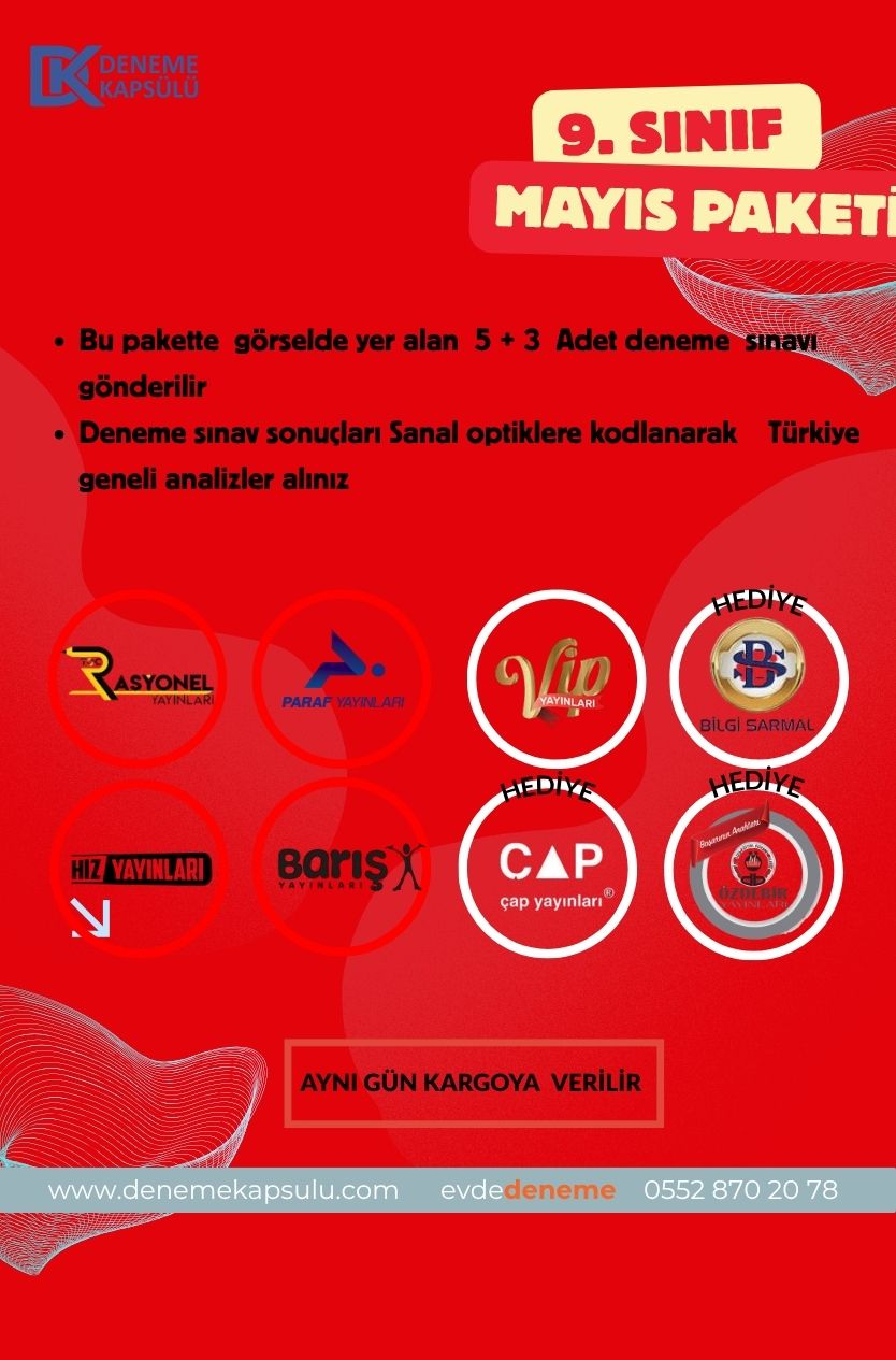9 .sınıf Mayıs Ayı Türkiye Geneli Deneme Sınavı 8 Adet