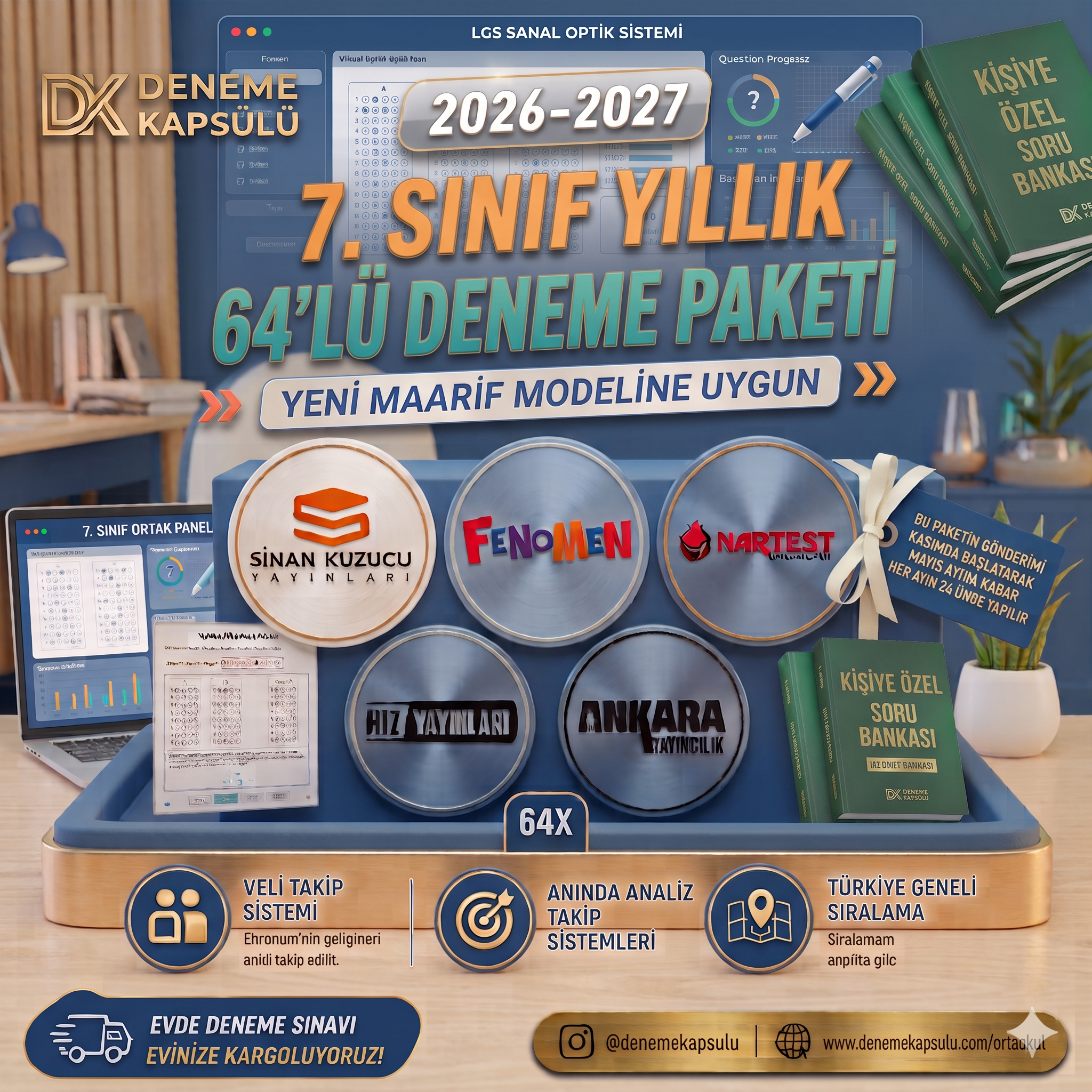 Kıredi Kartına Vade Farksız 4 Taksit 2026 - 2027 7 Sınıf Yıllık Deneme Kulübü 64 Li + Bir Adet Kişiye Özel Soru Bankası