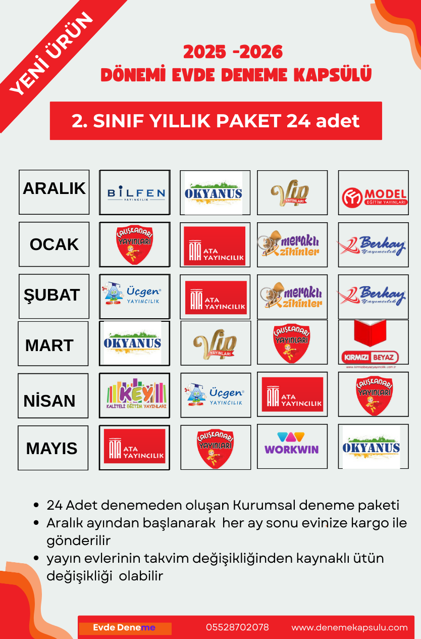 2 Sınıf Kurumsal Türkiye Geneli Deneme Sınavı 24 Lü Paket