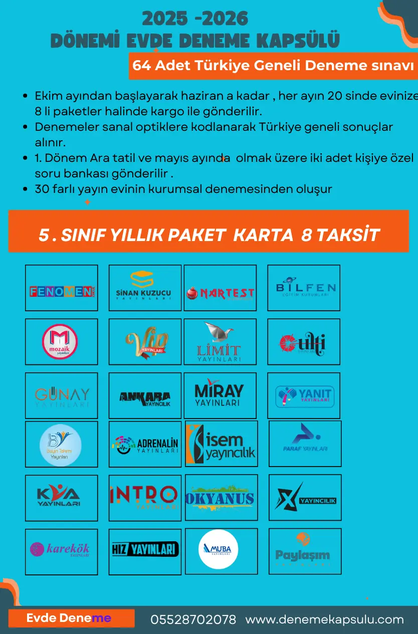 2025-2026 & 64 Adet Biryıllık Kurumsal Türkiye Geneli 5.sınıf Deneme Paketi