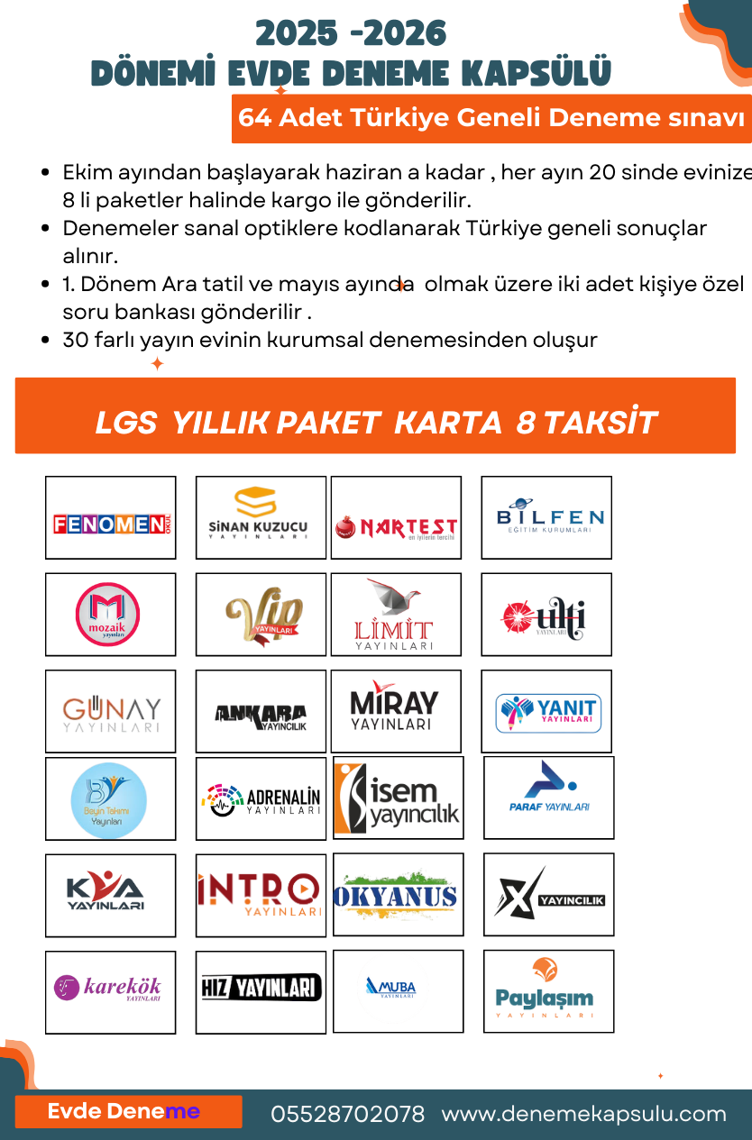 2025-2026 Dönemi 64 Adet Deneme Sınavı +iki Adet Kişiye Özel Soru Bankası