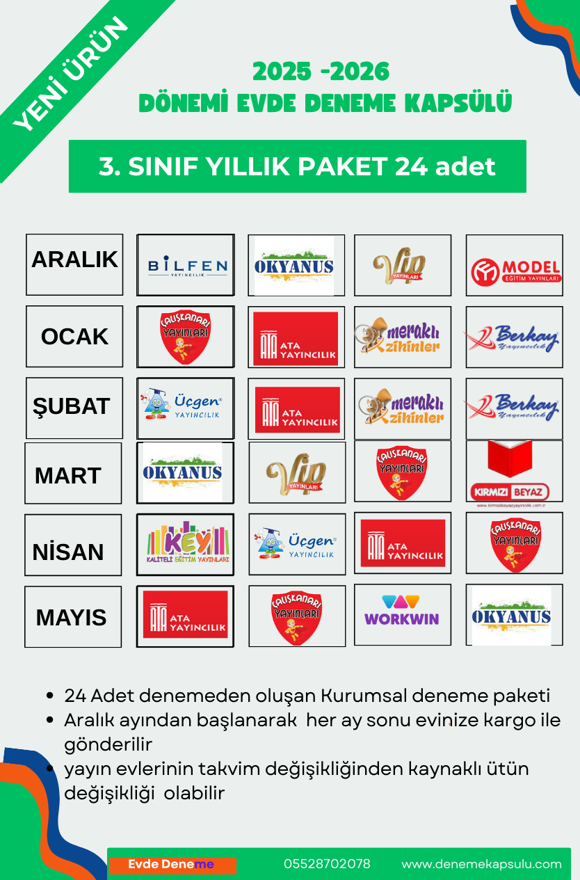 3 Sınıf Kurumsal Türkiye Geneli Deneme Sınavı 24 Lü Paket