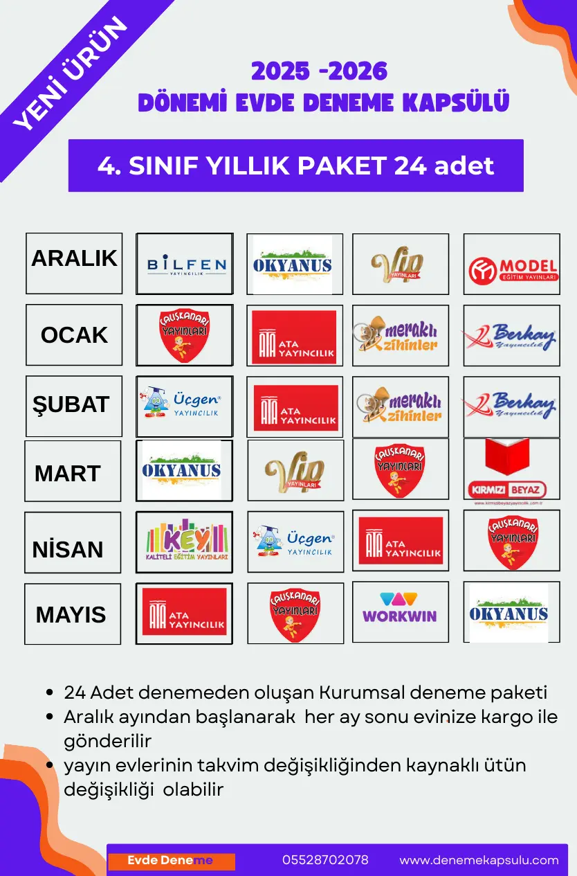 4. Sınıf Kurumsal Türkiye Geneli Deneme Sınavı 24 Lü Paket