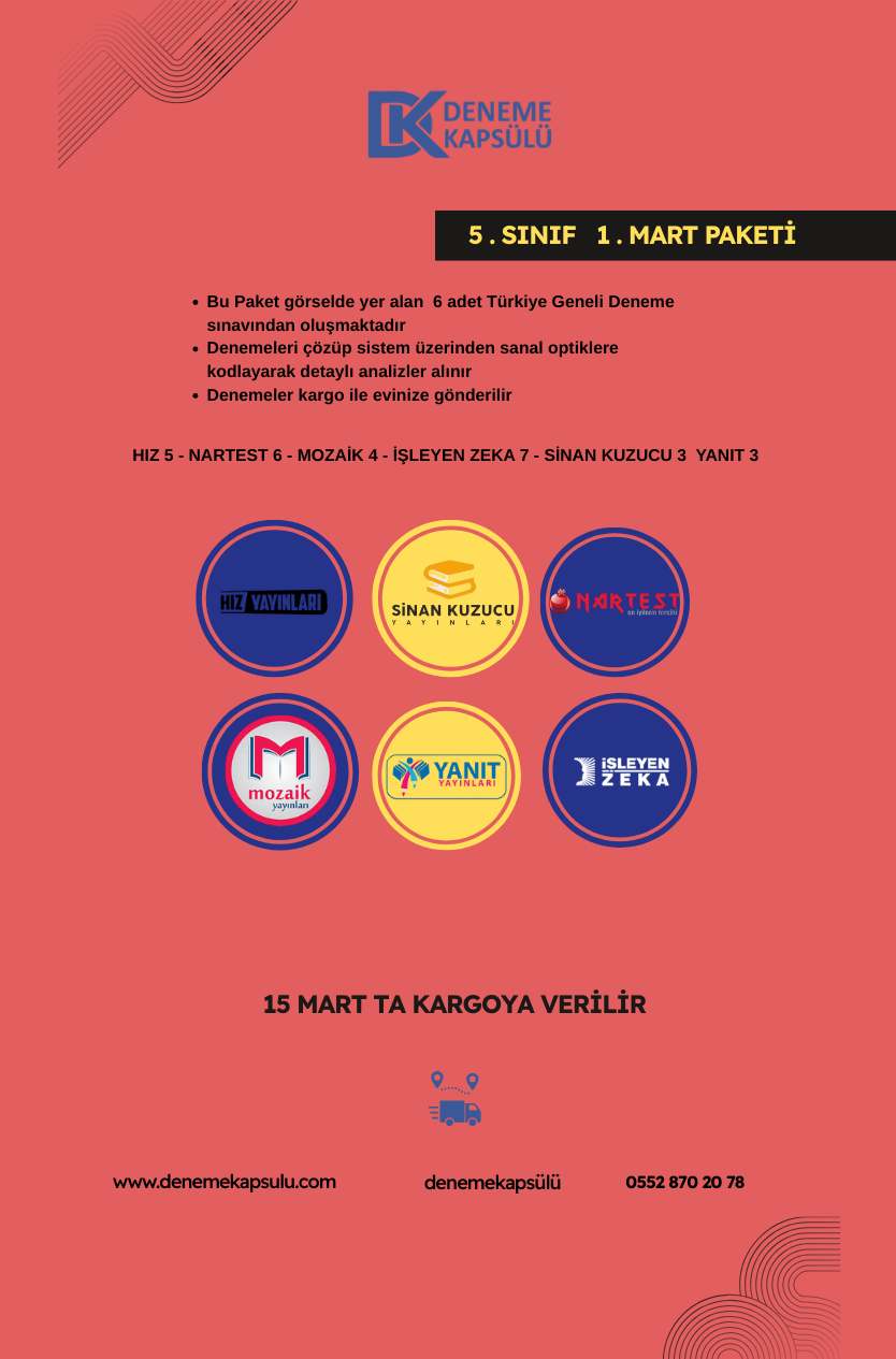 5 Sınıf Mart Ayı Türkiye Geneli Deneme Paketi 6 Lı