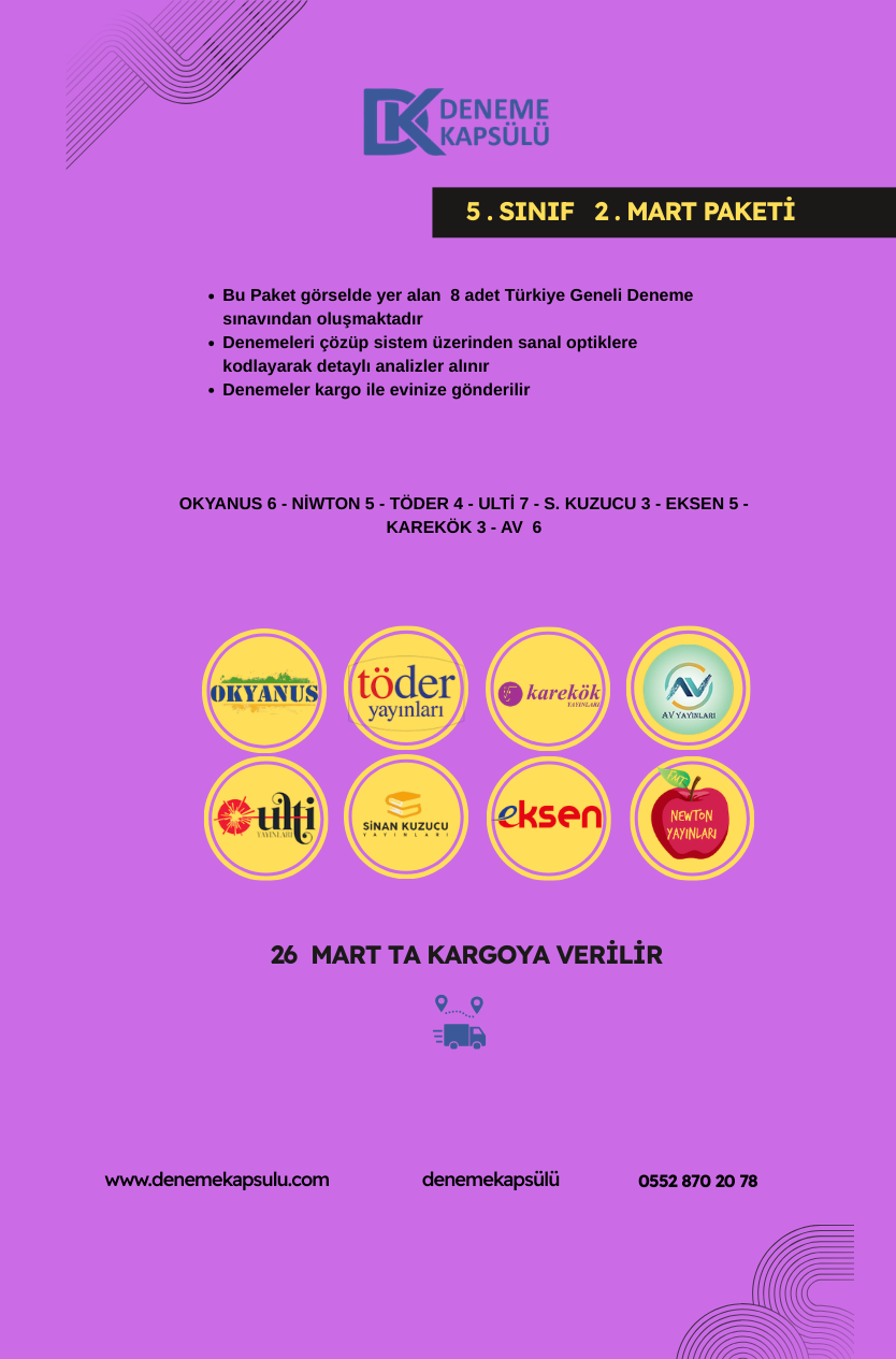 5 Sınıf Mart Ayı Türkiye Geneli Deneme Paketi 8 Lı