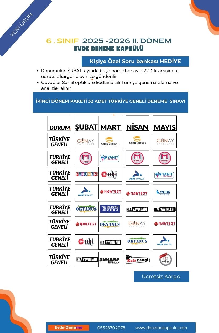 6. Sınıf Iı.dönem Türkiye Geneli Deneme Paketi 32 Li +vkişiye Özel Soru Bankası
