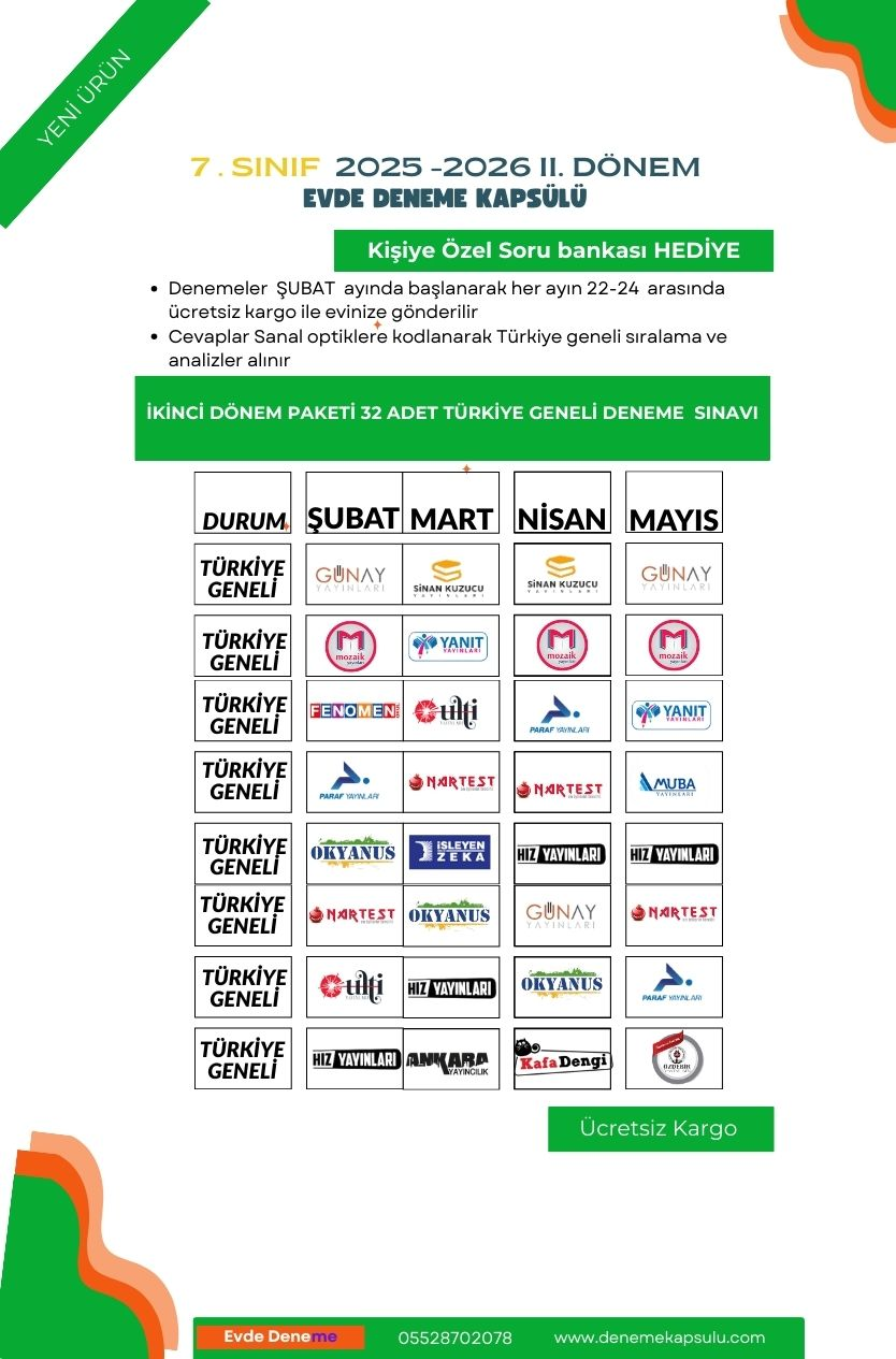 7. Sınıf Iı.dönem Türkiye Geneli Deneme Paketi 32 Li +vkişiye Özel Soru Bankası