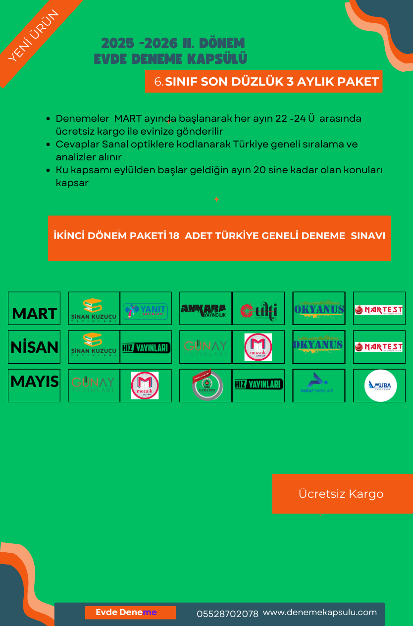 6. Sınıf Son Üç Aylık Deneme Paketi 18 Li