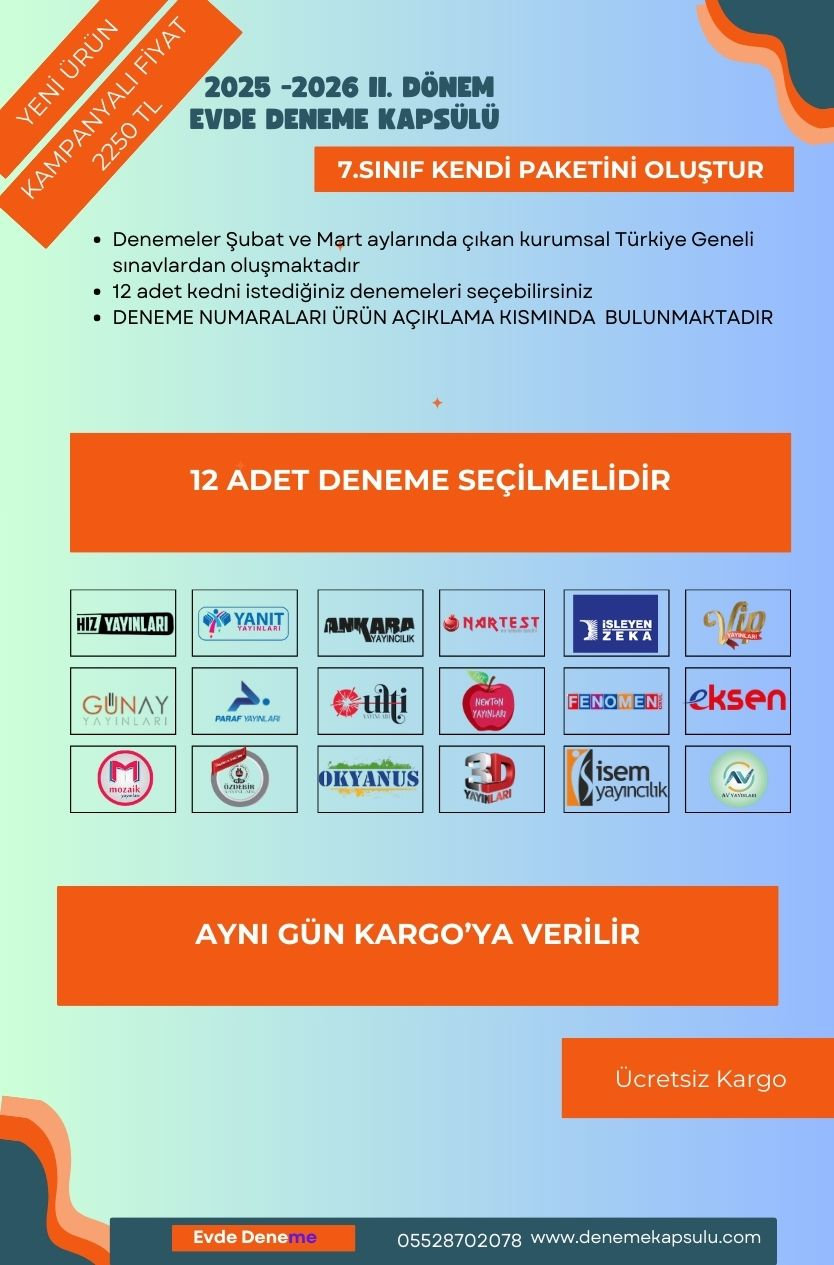 7 Sınıf Kendi Paketini Oluştur 12 Adet Türkiye Geneli Deneme Sınavı