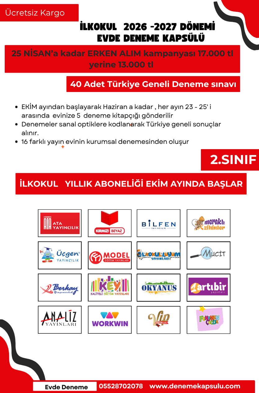 2026-2027 Dönemi Türkiye Geneli 2 Sınıf Deneme Paketi 40 Lı Kredi Kartına Vade Farksız 4 Taksit