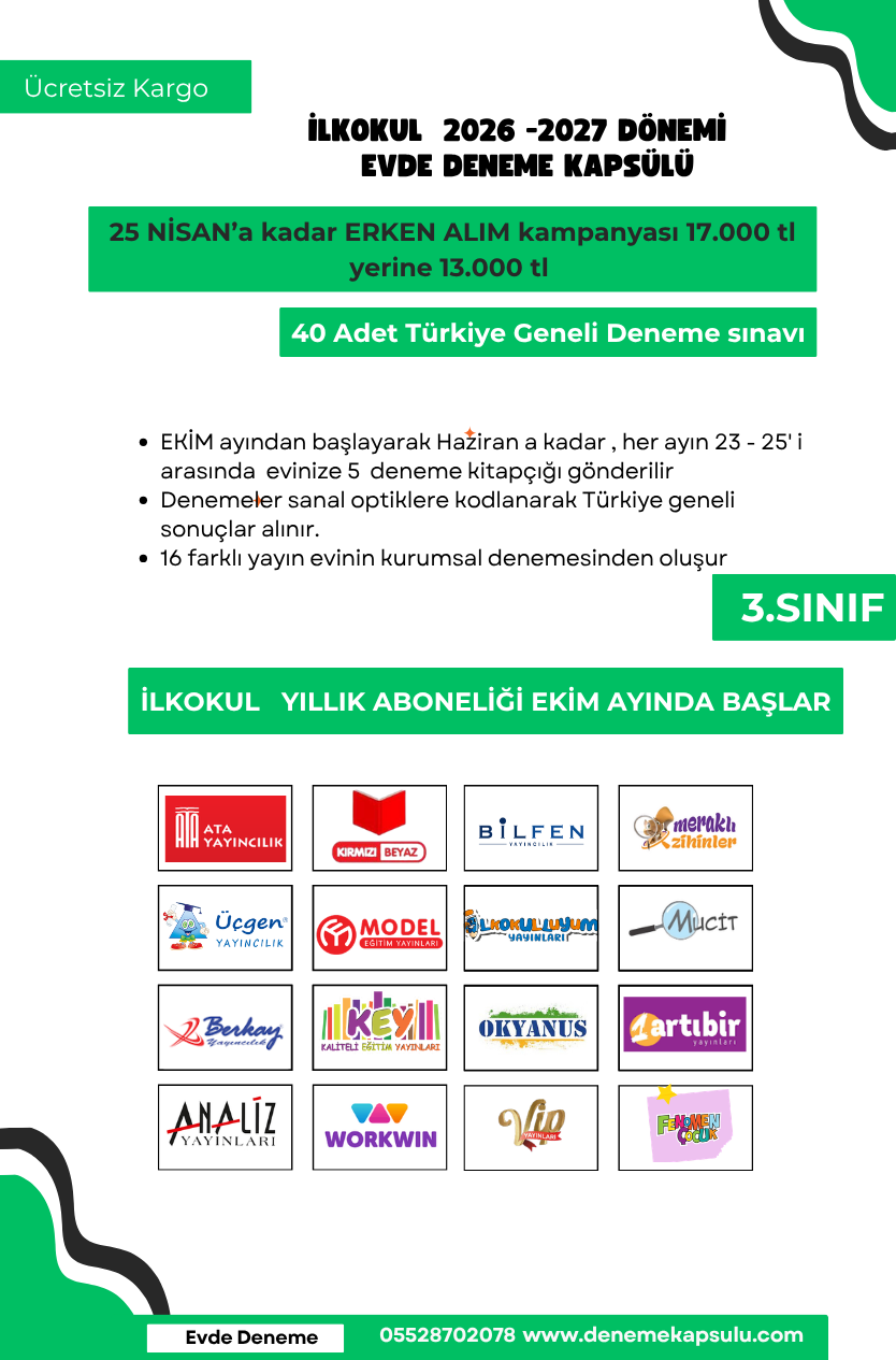 2026-2027 Dönemi Türkiye Geneli 3 Sınıf Deneme Paketi 40 Lı Kredi Kartına Vade Farksız 4 Taksit