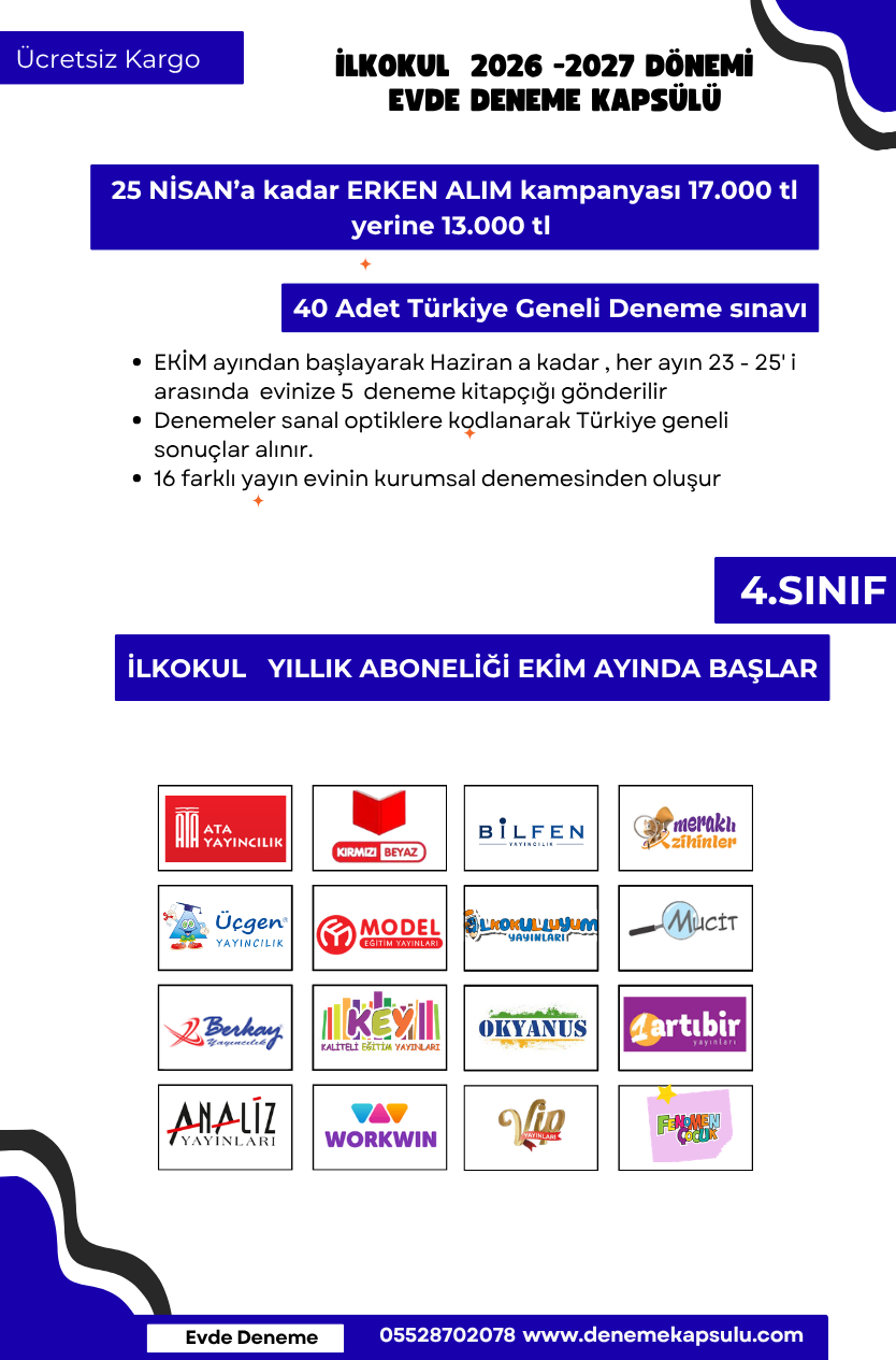2026-2027 Dönemi Türkiye Geneli 4 Sınıf Deneme Paketi 40 Lı Kredi Kartına Vade Farksız 4 Taksit
