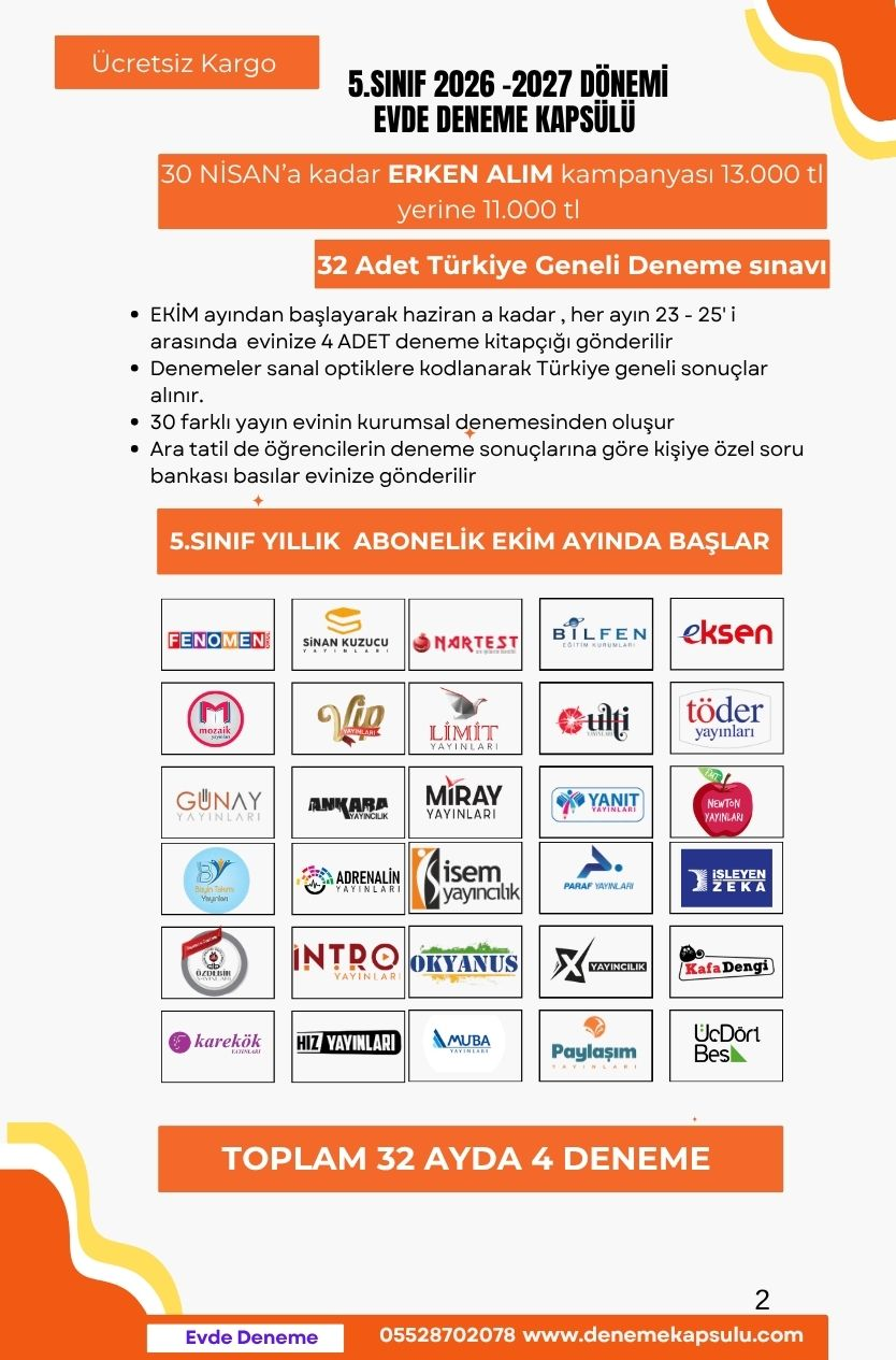 5. Sınf 2026 -2027 Dönemi Türkiye Geneli Deneme Paketi 32 Li