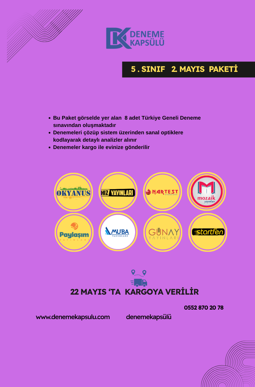 5. Sınıf Mayıs Ayı Türkiye Geneli Deneme Paketi 8 Lı