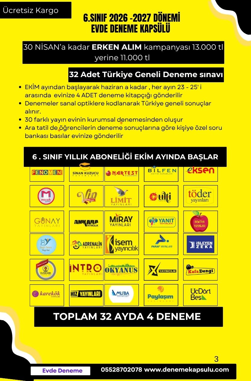 6. Sınf 2026 -2027 Dönemi Türkiye Geneli Deneme Paketi 32 Li