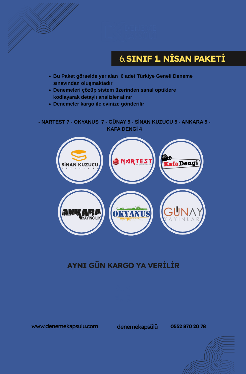 6. Sınıf Nisan Ayı Türkiye Geneli Deneme Paketi 6 'li