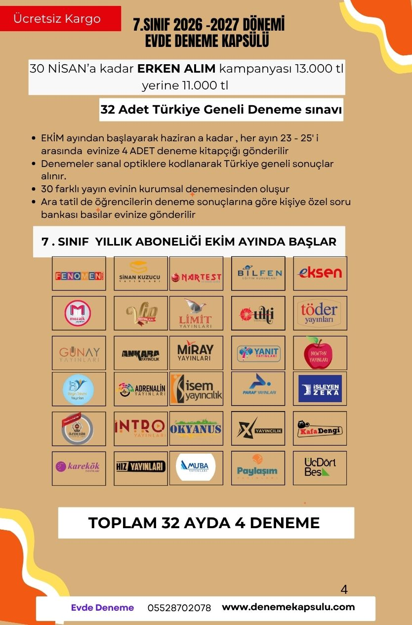 7. Sınf 2026 -2027 Dönemi Türkiye Geneli Deneme Paketi 32 Li