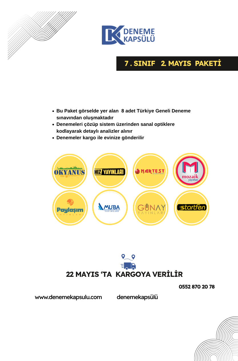 7. Sınıf Mayıs Ayı Türkiye Geneli Deneme Paketi 8 Lı
