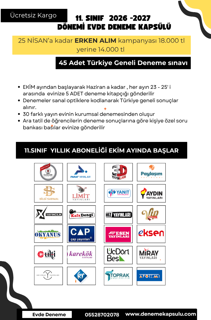 Kıredi Kartına Vade Farksız 4 Taksit 2026 - 2027 11 Sınıf Yıllık Deneme Kulübü 64 Li + Bir Adet Kişiye Özel Soru Bankası