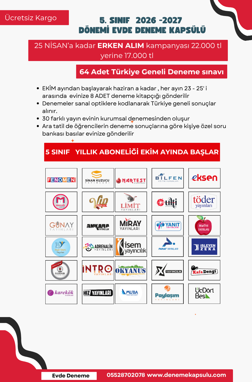 Kıredi Kartına Vade Farksız 4 Taksit 2026 - 2027 5 Sınıf Yıllık Deneme Kulübü 64 Li + Bir Adet Kişiye Özel Soru Bankası