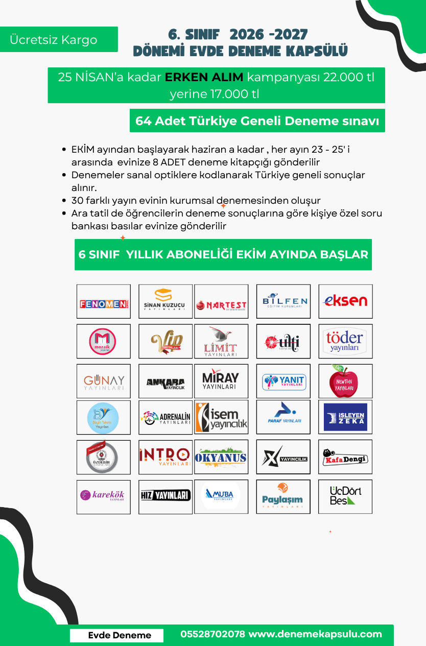 Kıredi Kartına Vade Farksız 4 Taksit 2026 - 2027 6 Sınıf Yıllık Deneme Kulübü 64 Li + Bir Adet Kişiye Özel Soru Bankası