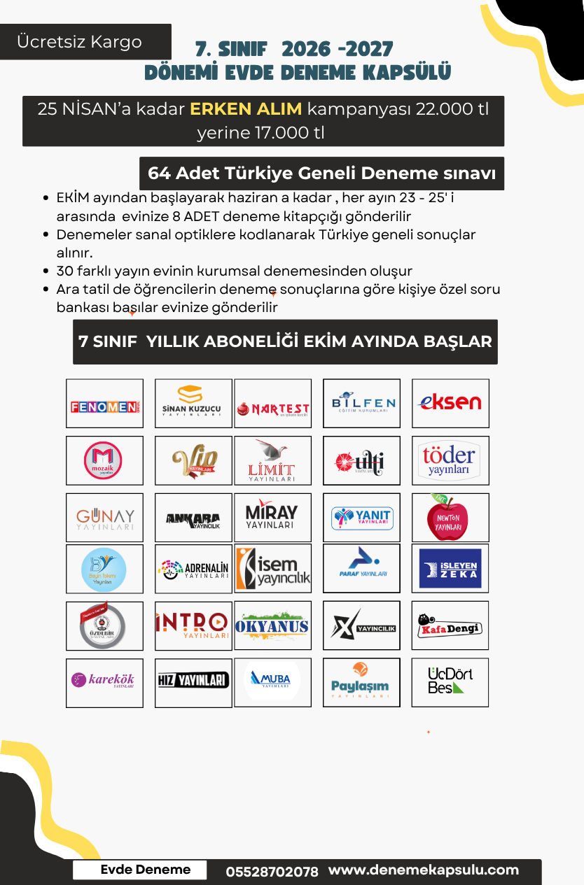 Kıredi Kartına Vade Farksız 4 Taksit 2026 - 2027 7 Sınıf Yıllık Deneme Kulübü 64 Li + Bir Adet Kişiye Özel Soru Bankası