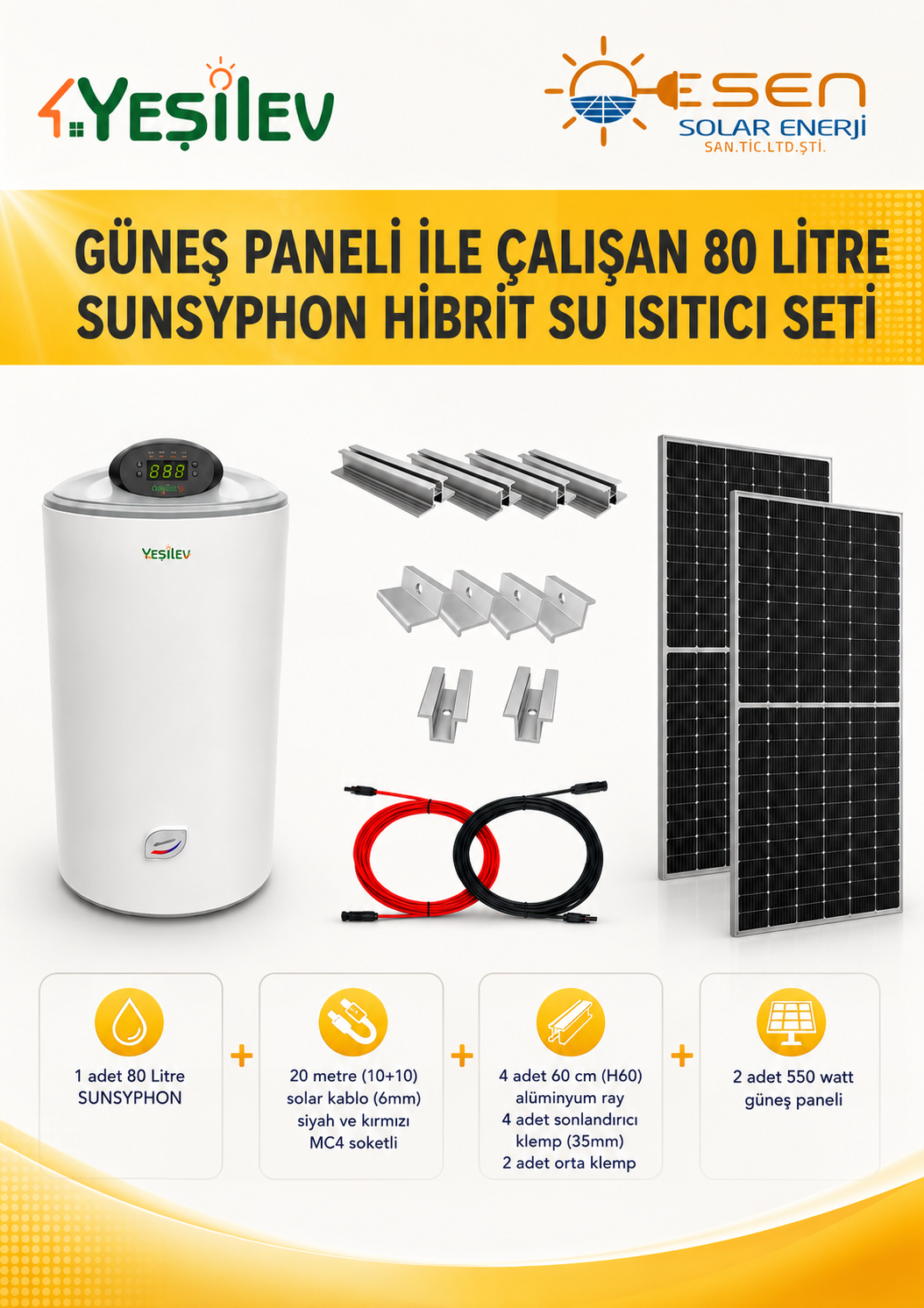 80 Litre Güneş Paneli Ile Çalışan Hibrit Su Isıtıcısı (ac-dc)