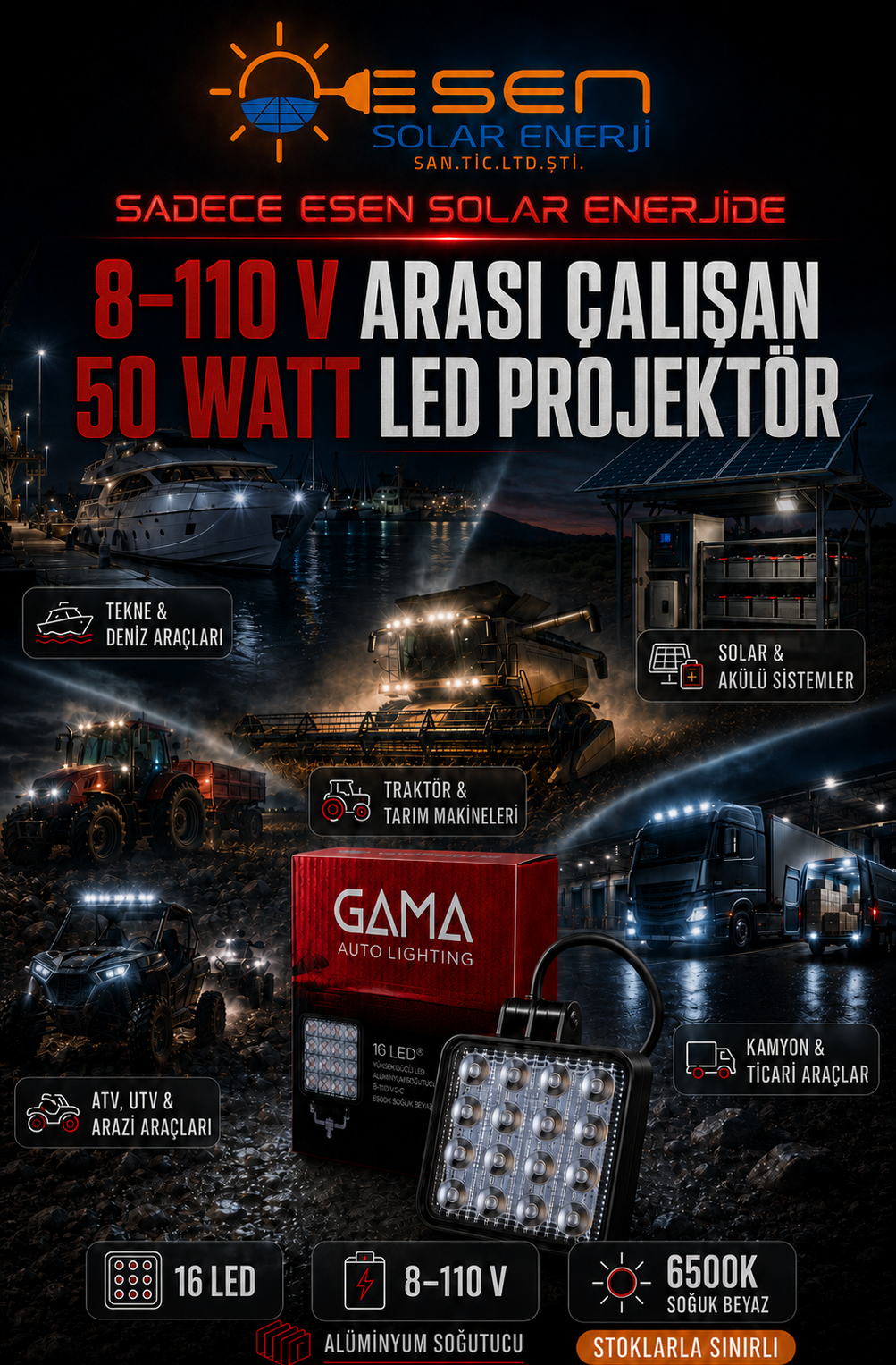 Gama Auto Lighting 16 Led 50 Watt Beyaz Çalışma Lambası 40mm Siyah Kasa Dc 12-110v-detail