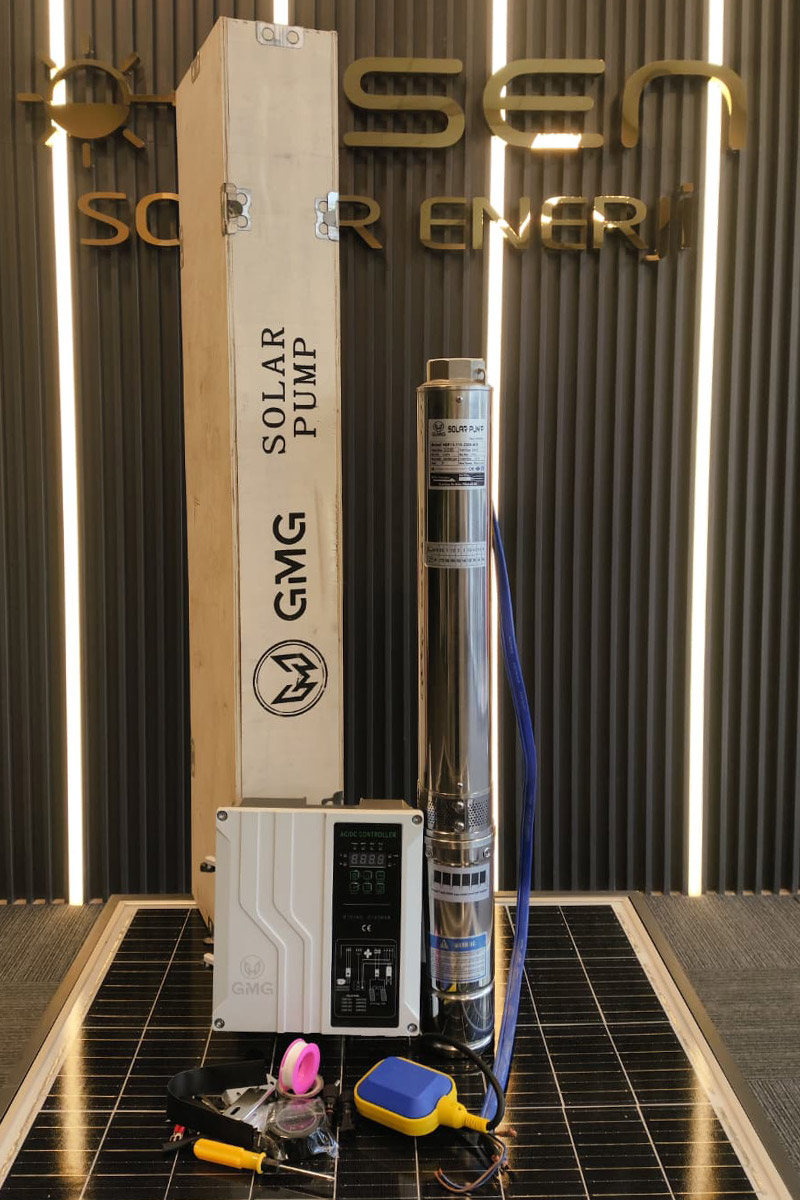 300 Volt 2200 Watt Maks 110 Metre 13 Ton Serisi 4 Inç Fanlı Sürücülü Ve Şebeke Destekli Su Bittiğinde Durma Özelliğine Sahip Şamandıralı Şebeke Destekli Dc Dalgıç Pompa