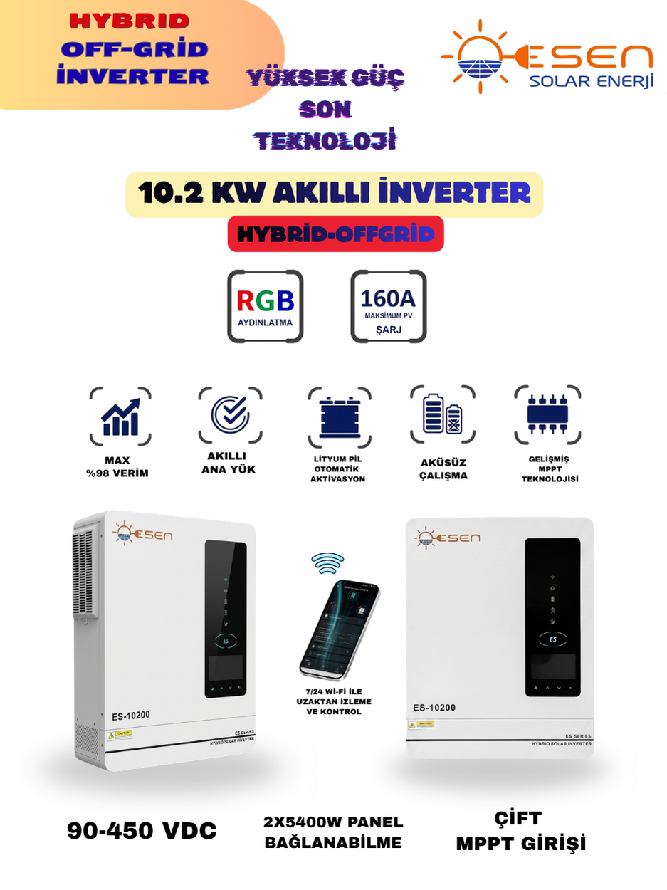 10.2kw Mppt Offgrid Rgb Yüksek Voltaj Akıllı Inverter