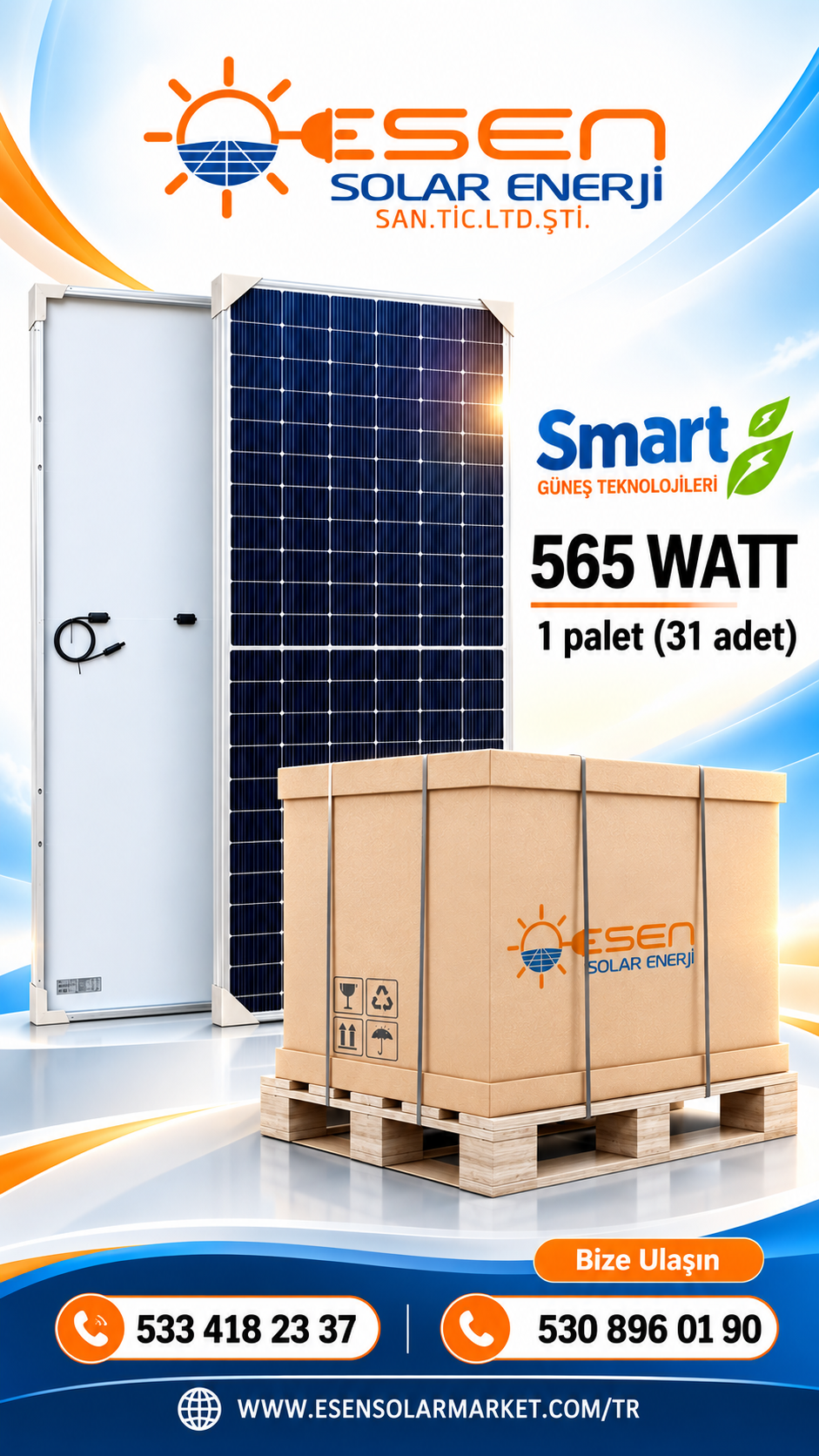 565 Watt Monokristal Güneş Paneli 1 Palet - (31 Adet)
